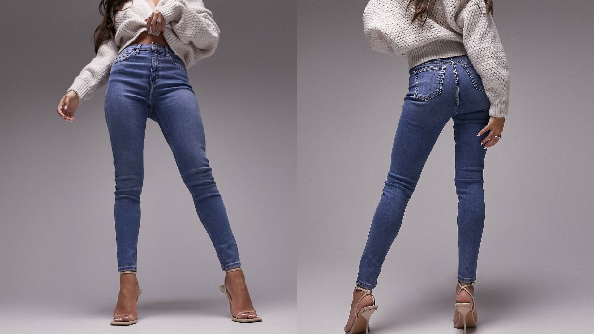 На фото модель в голубых джинсах Topshop Hourglass Jamie Jeans.