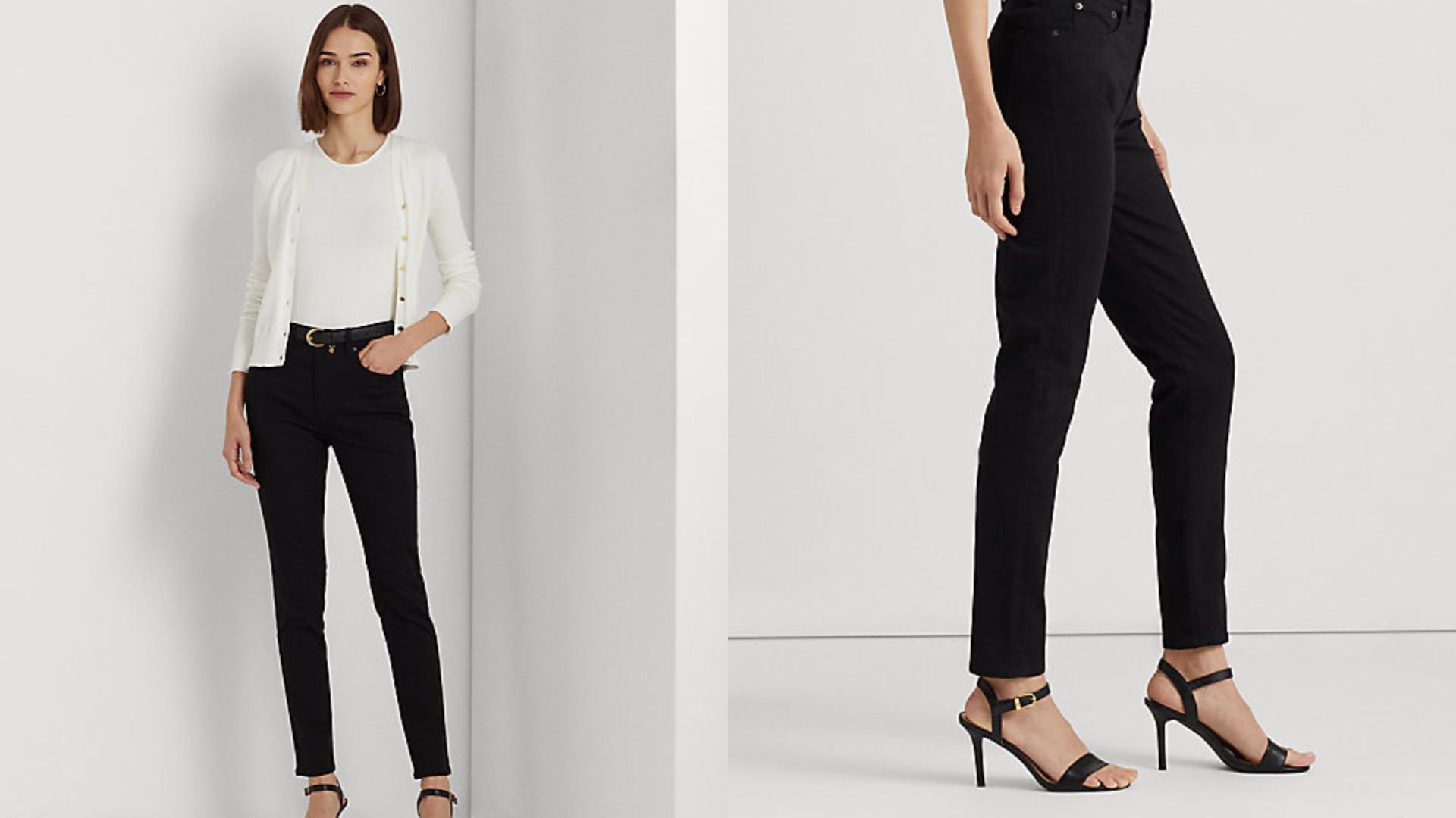 На фото модель в черных джинсах Ralph Lauren High Rise Skinny Ankle Jeans.