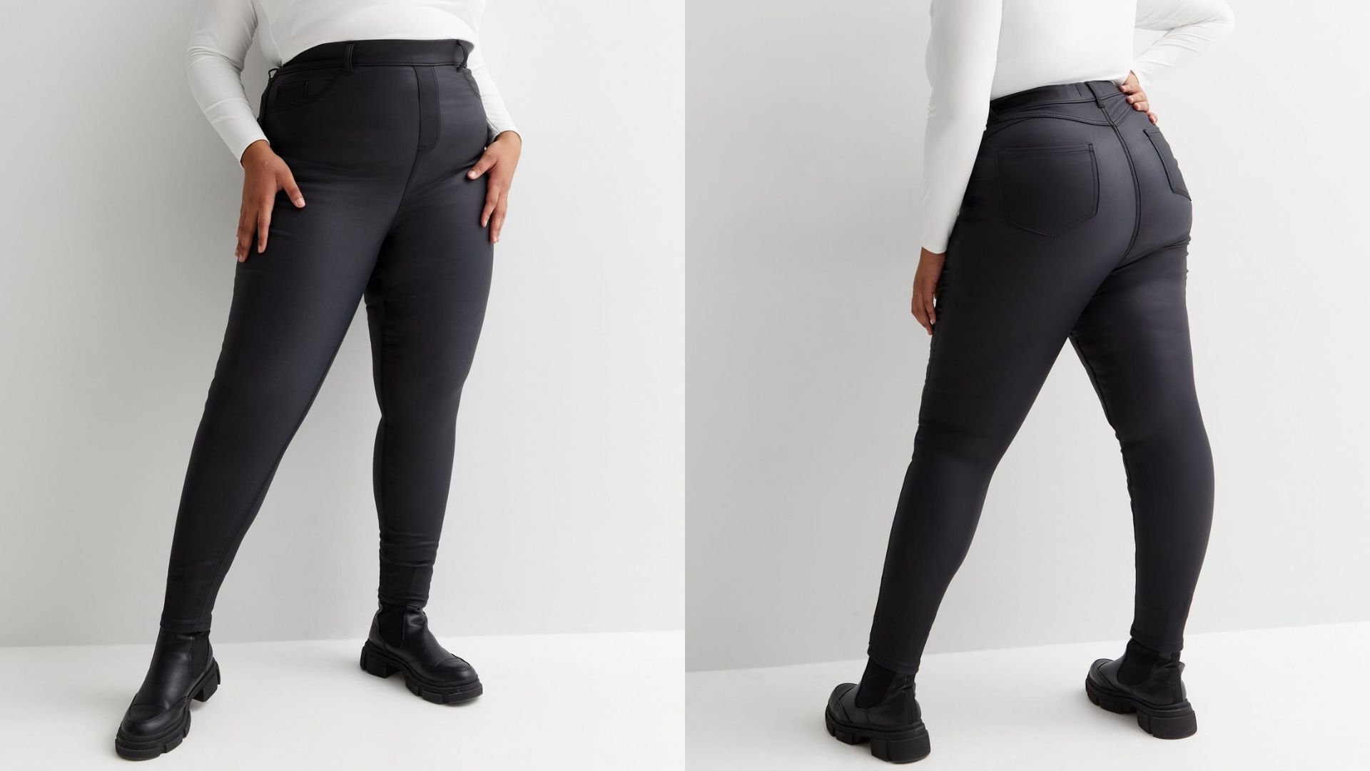 снимок модели в черных кожаных джеггинсах с высокой талией New Look Curves