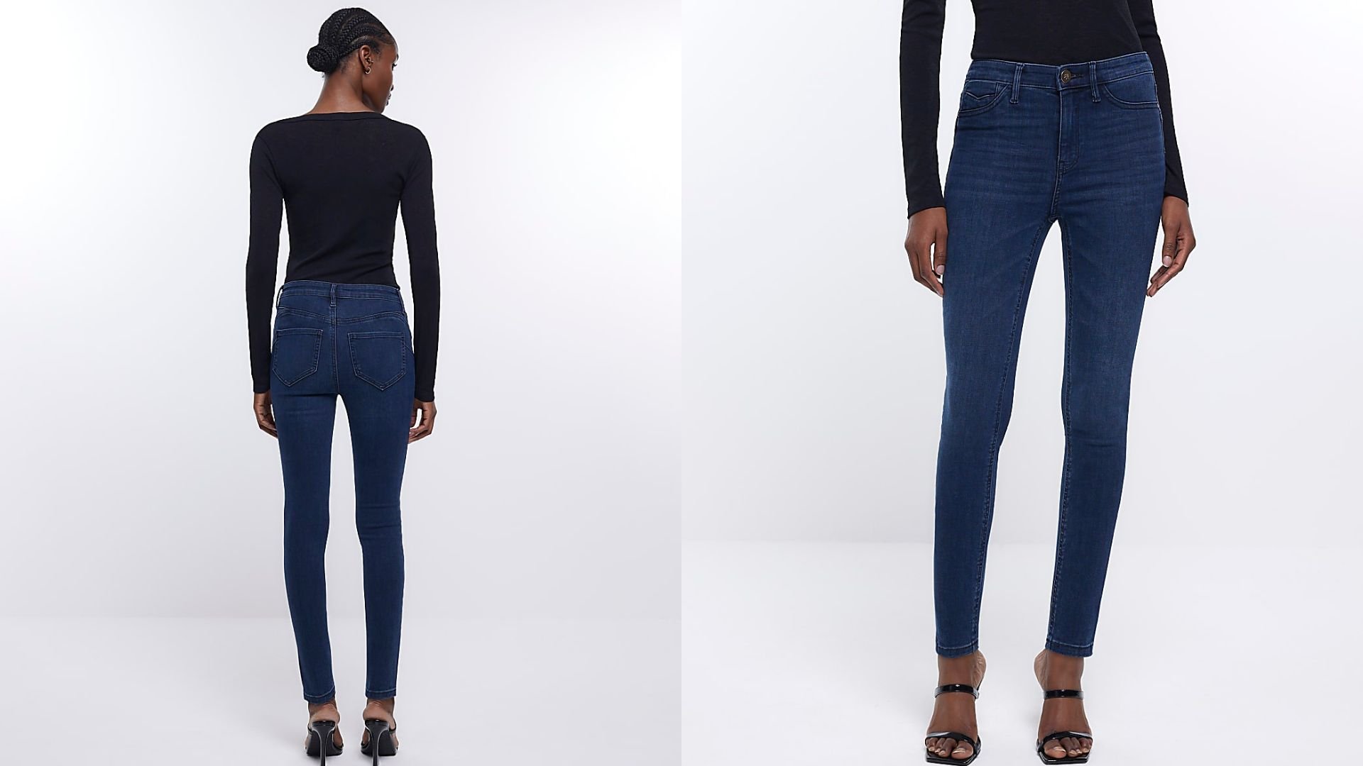 На фото модель в джинсах-скинни River Island Blue Molly Mid Rise Bum Sculpt спереди и сзади.