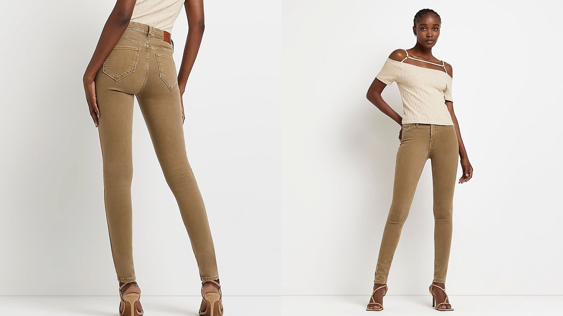 На фото модель в джинсах скинни River Island Brown Molly со средней посадкой.