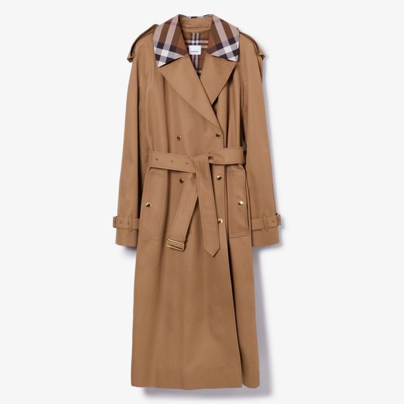 тренч burberry верблюжьего цвета с клетчатым воротником
