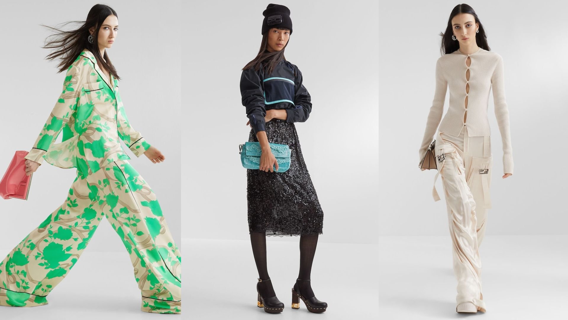композиция из трех моделей в одежде и аксессуарах от fendi