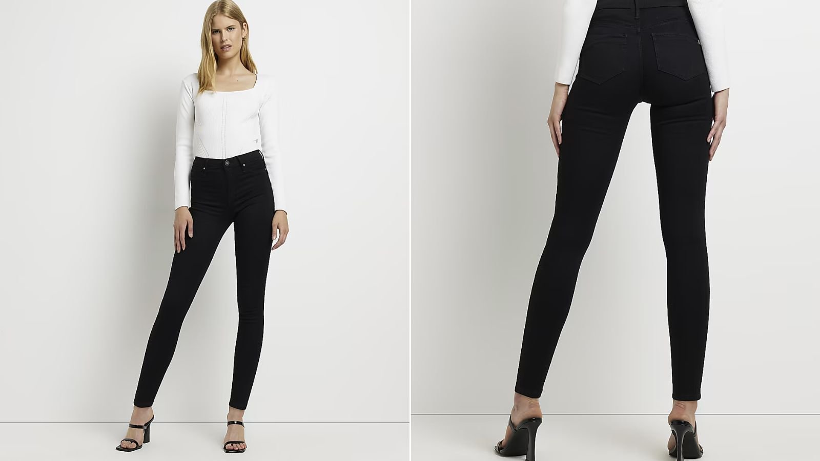 Модель в джинсах-скинни River Island Molly демонстрирует лучшие джинсы для женщин старше 60 лет.