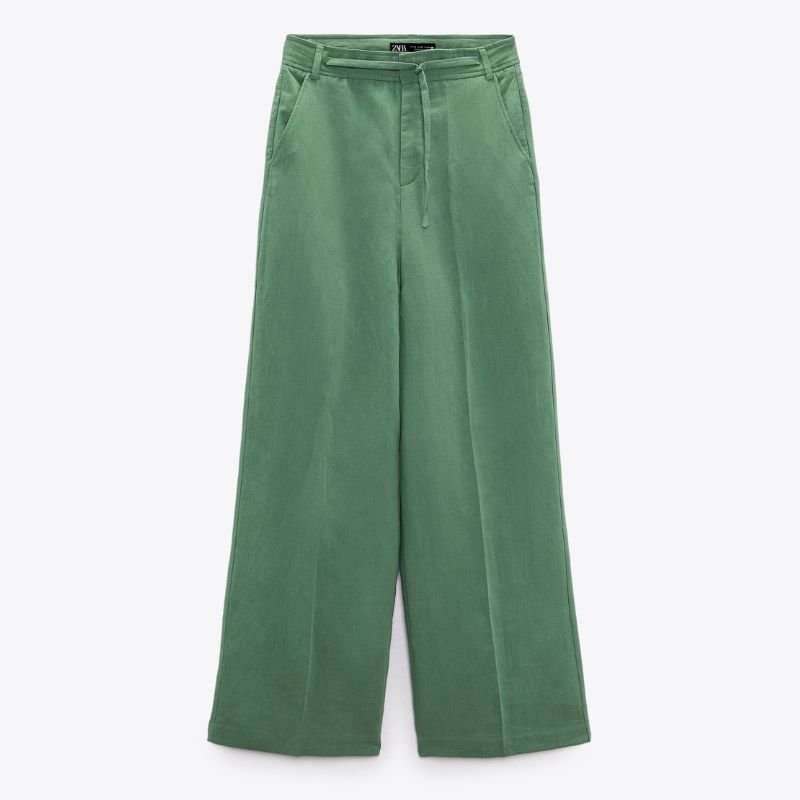 Зеленые льняные брюки Zara на плоской подошве