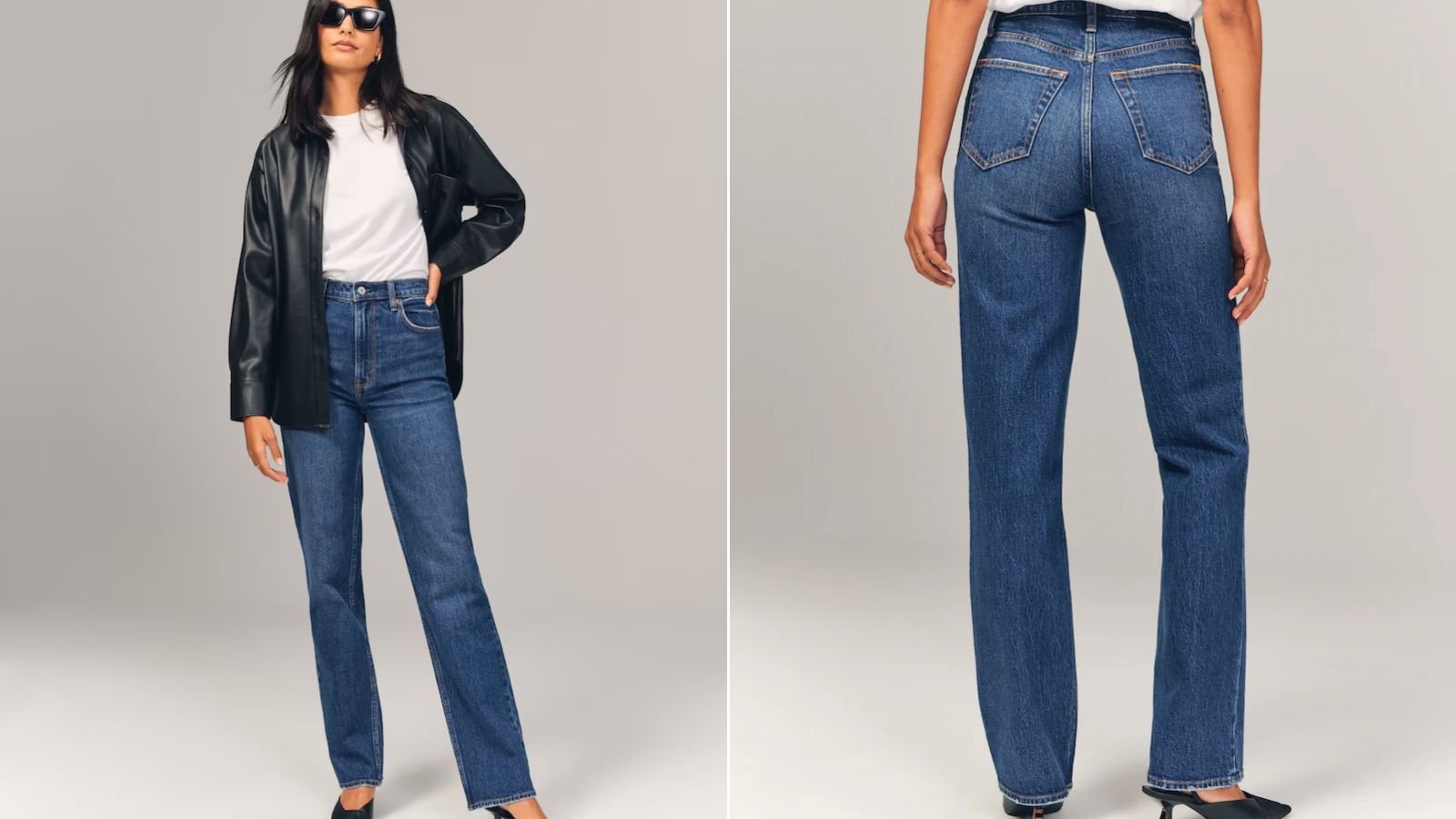 Модель в джинсах Abercrombie Ultra High Rise Straight Jeans демонстрирует лучшие джинсы для женщин старше 50 лет.