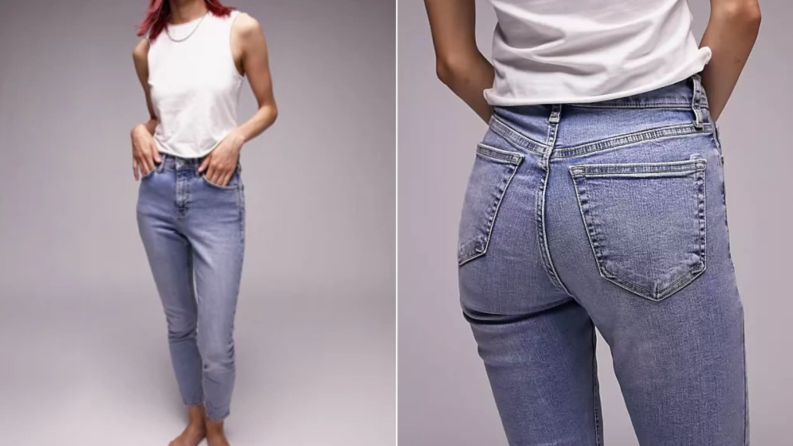 Модель в джинсах Topshop Petite Jamie Jeans демонстрирует лучшие джинсы для женщин старше 50 лет.