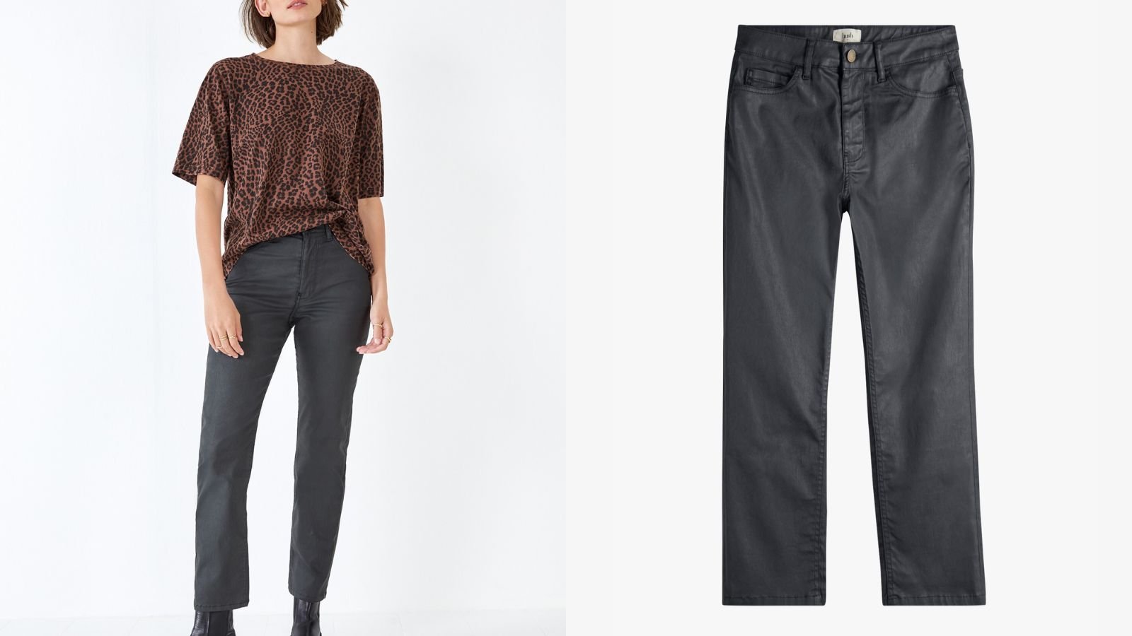 Модель в джинсах Hush Lenny Coated Jeans демонстрирует лучшие джинсы для женщин старше 50 лет.