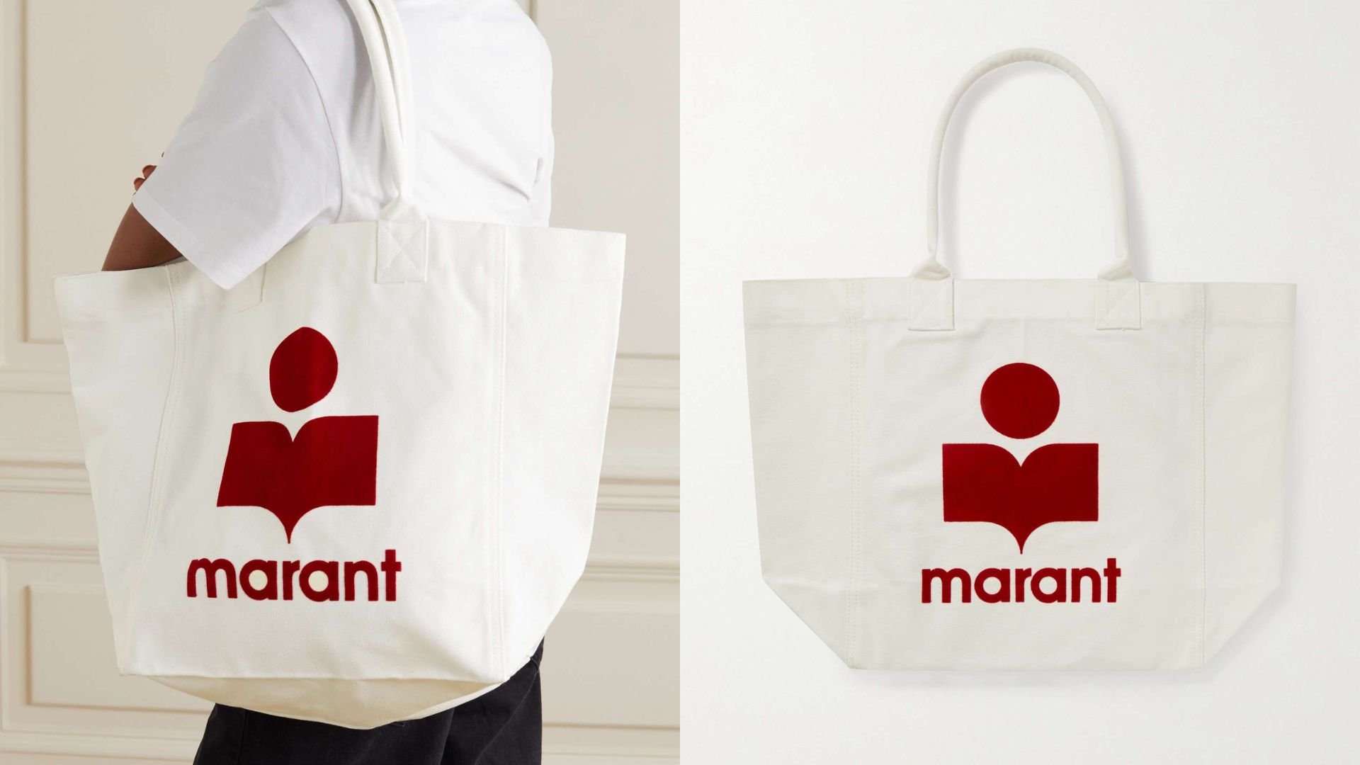 На фото: модель в сумке Isabel Marant Yenky Flocked Canvas Tote и на плоской подошве.