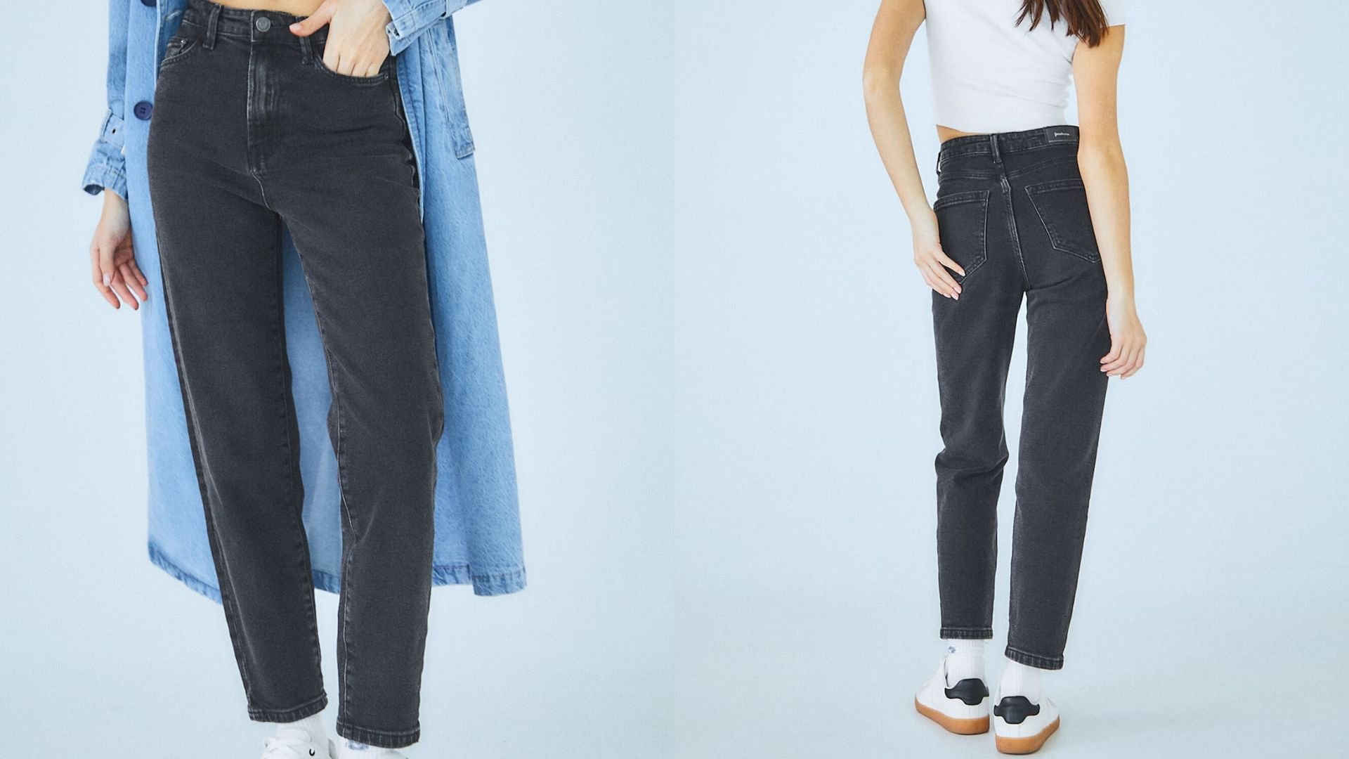 На фото: модель в черных джинсах Stradivarius Slim Fit Mom
