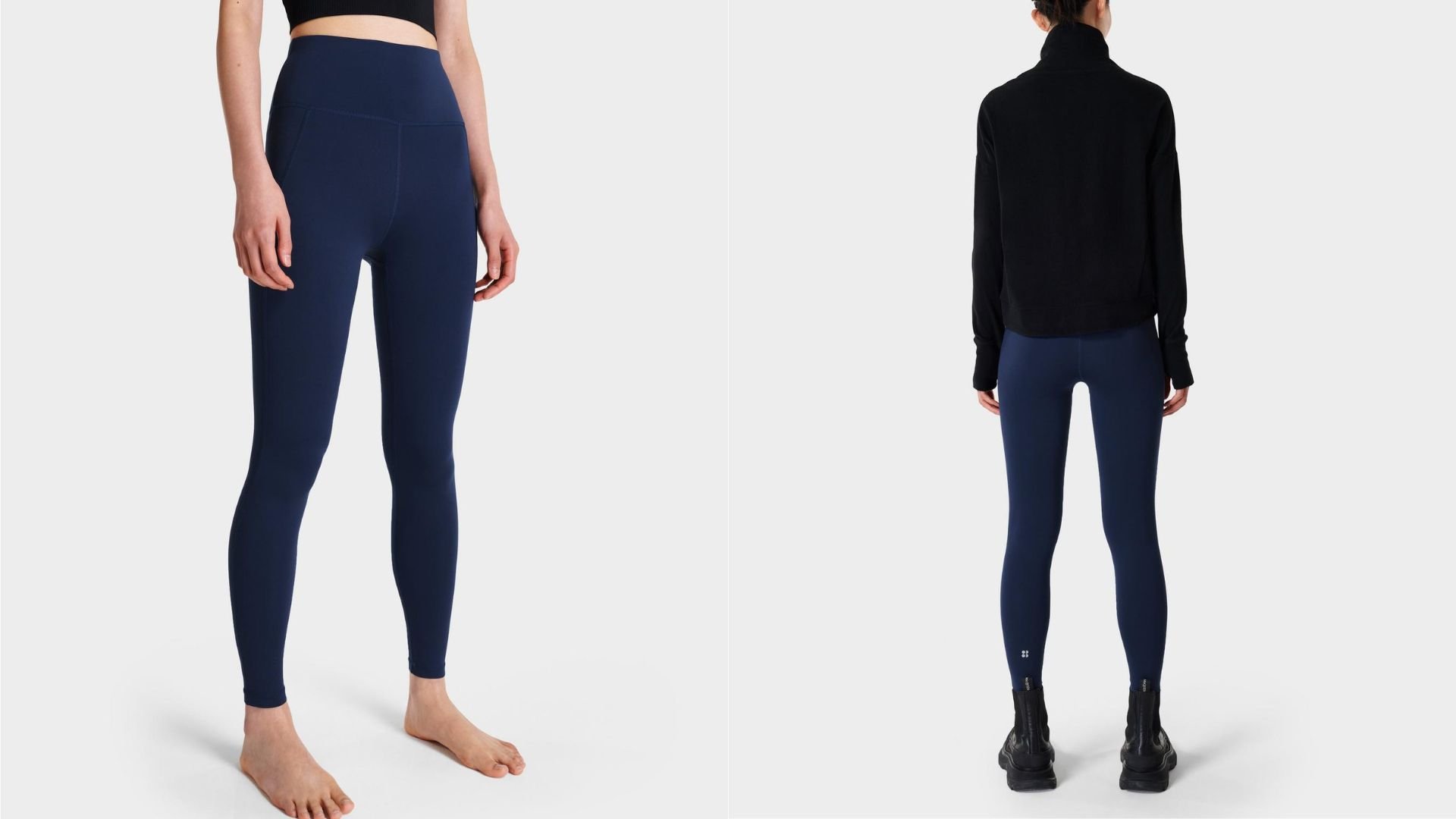 фото модели в темно-синих леггинсах Sweaty Betty All Day Leggings