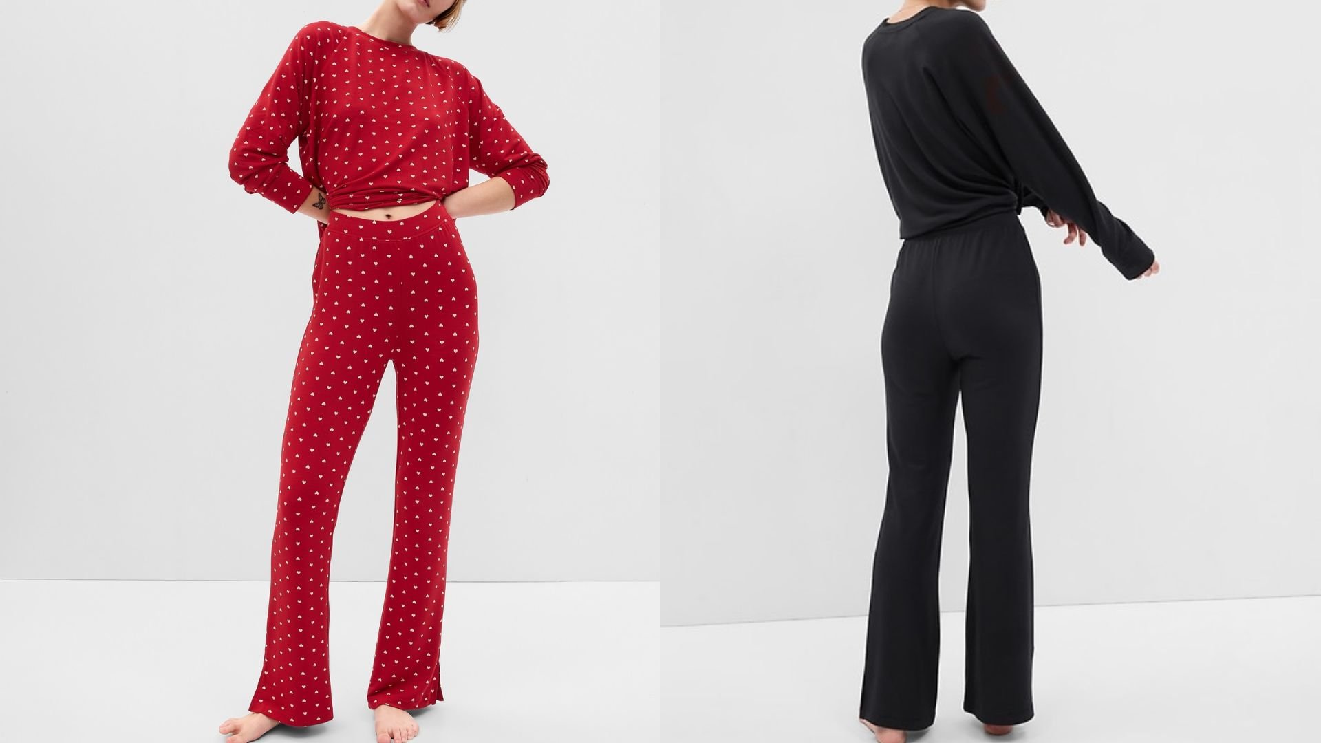 На фото: модель в расклешенных брюках Gap Modal Supersoft Split Flare Pants красного цвета с принтом в виде сердечек и черного цвета.