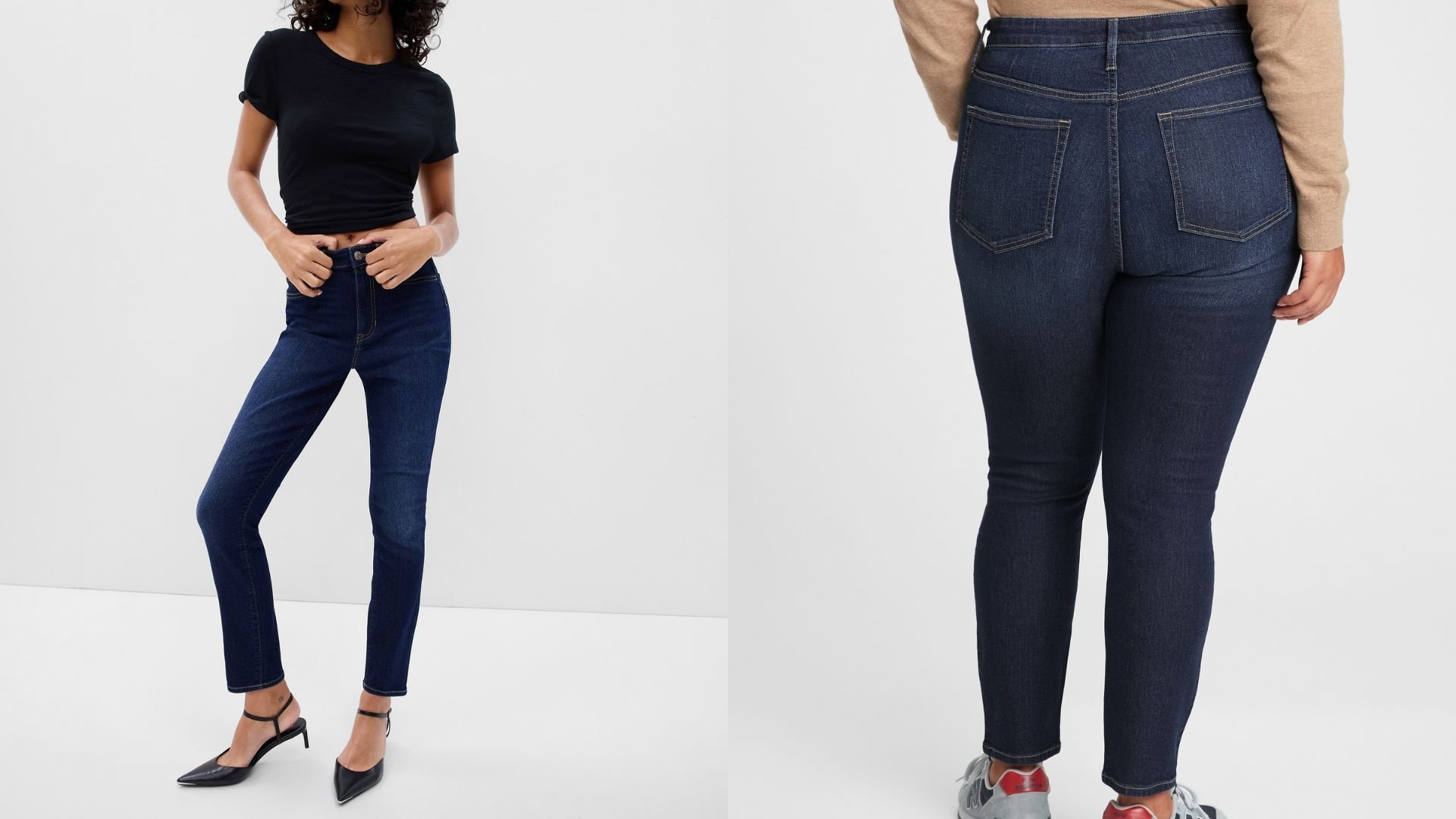 На фото модели в джинсах Gap High Rise Favourite и Washwell.