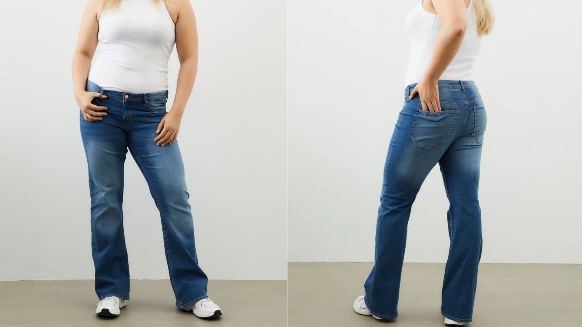 фото модели в голубых джинсах H&M+ Bootcut Low Jeans