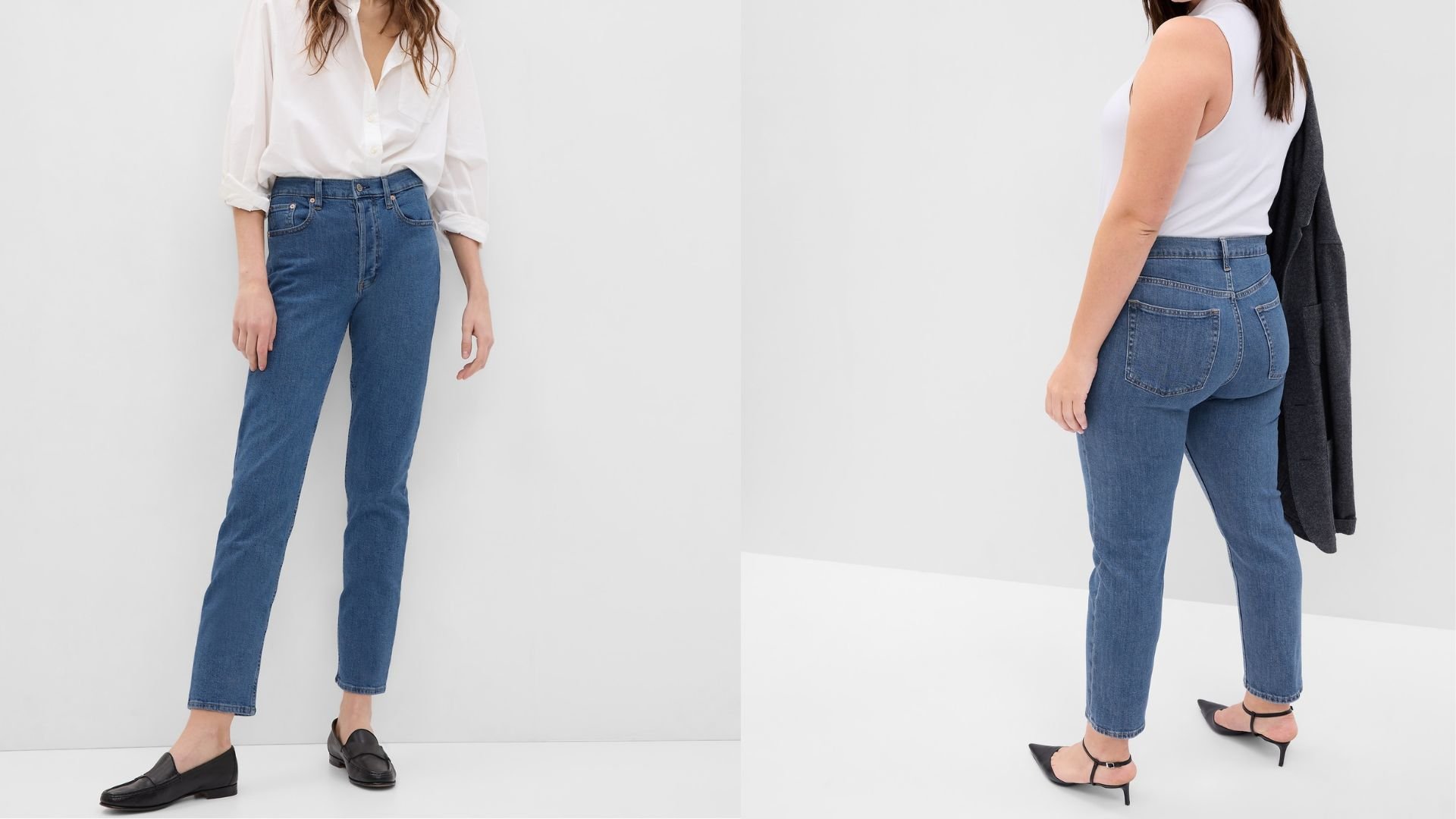 На фото две модели в джинсах Gap Cheeky Straight с высокой посадкой средней степени потертости.