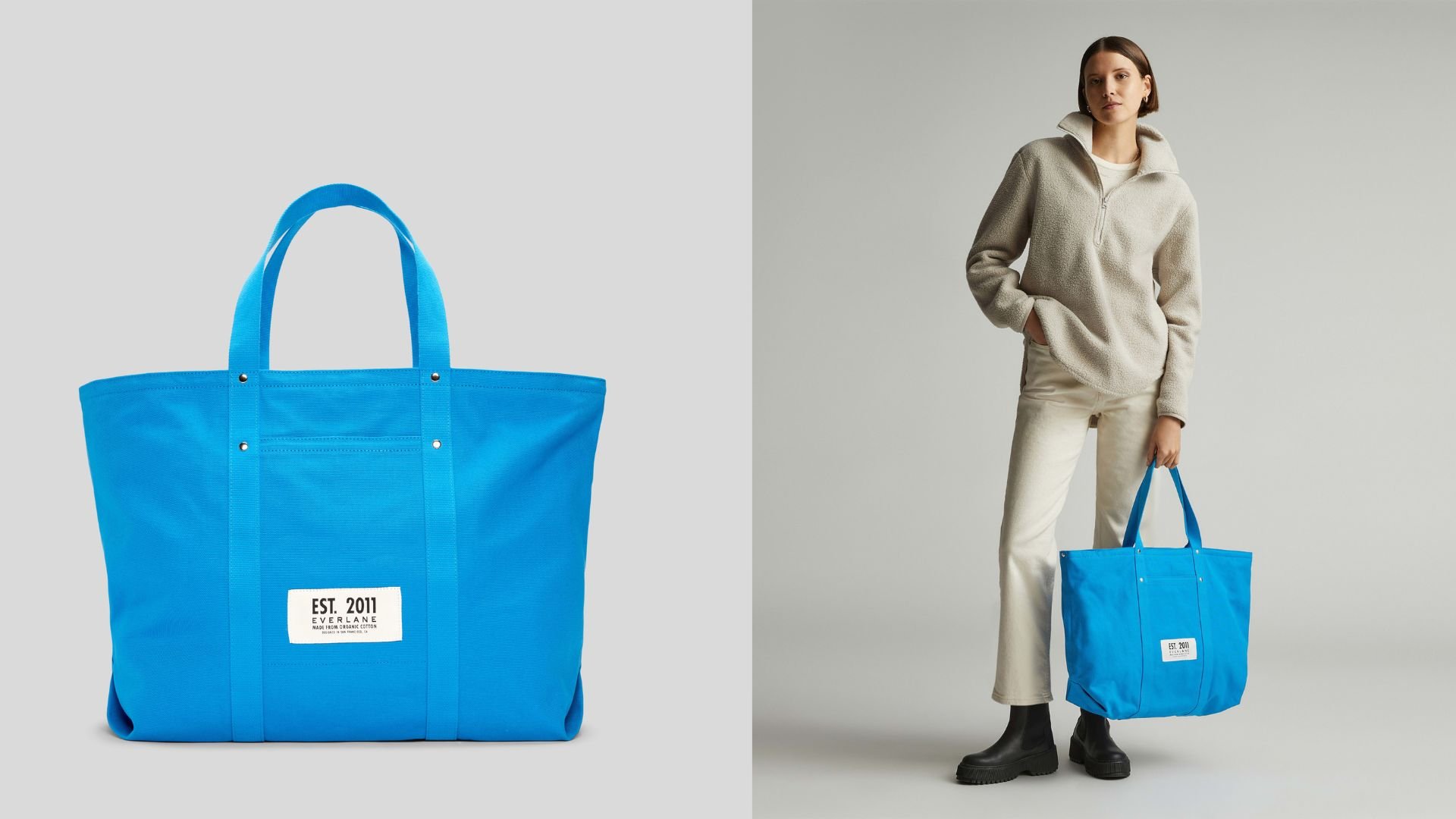 композиция из модели с Everlane The Organic Canvas Weekender и плоского изображения