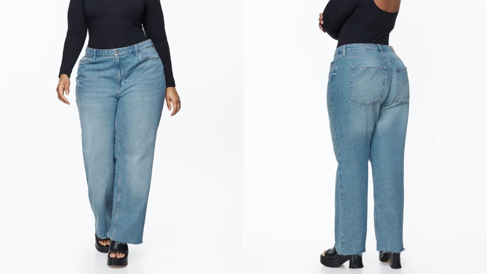 снимок модели в джинсах H&M Curvy Fit Wide Ultra High Jeans