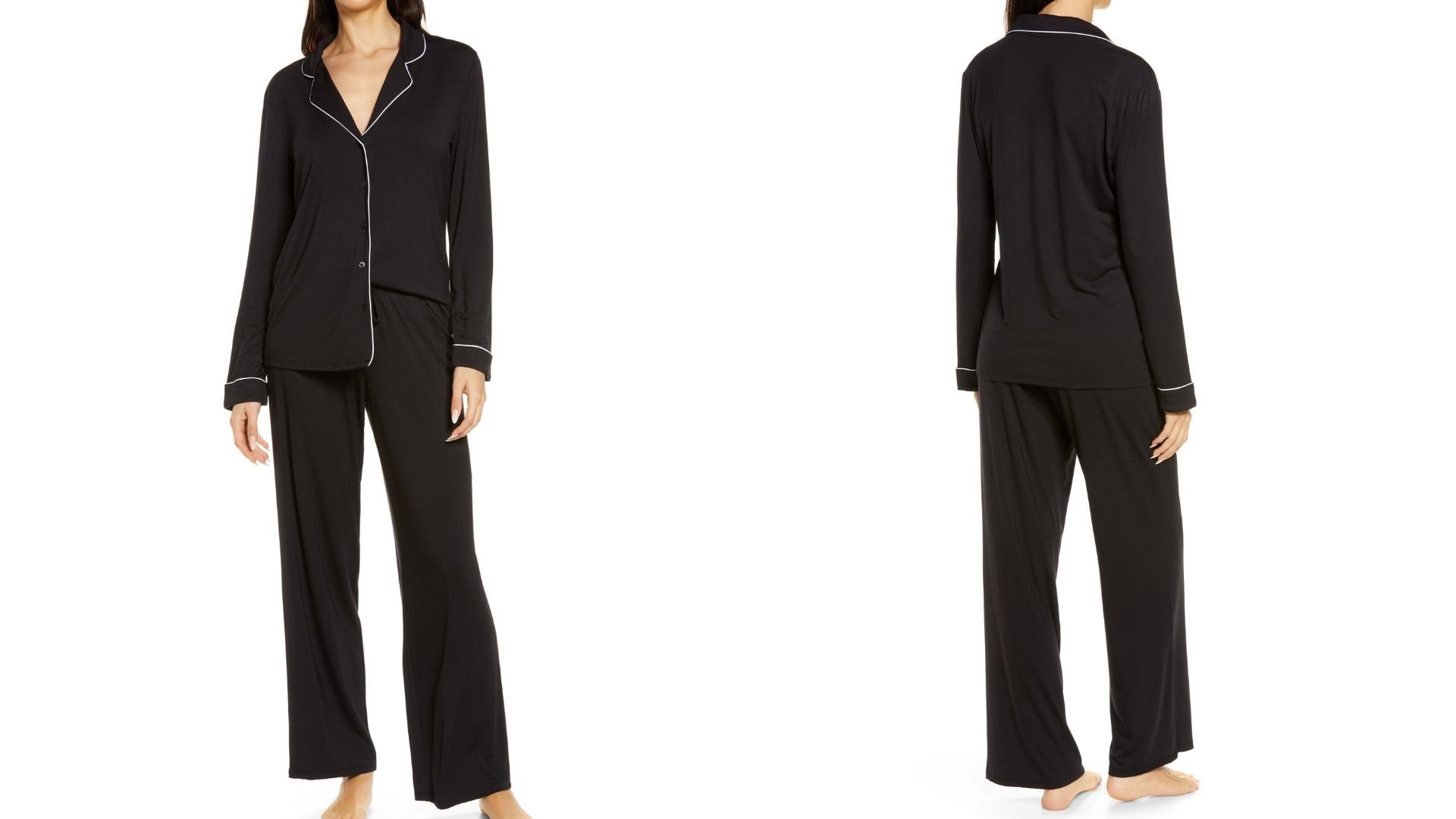 На фото модель в черной пижаме nordstrom Moonlight Eco Pajama.