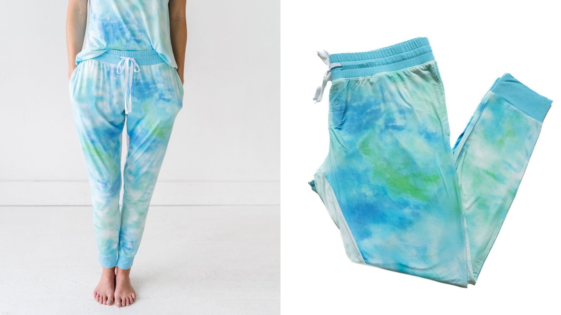 На фото: модель в женских пижамных штанах Little Sleepies Tidepool Watercolor и плоское изображение