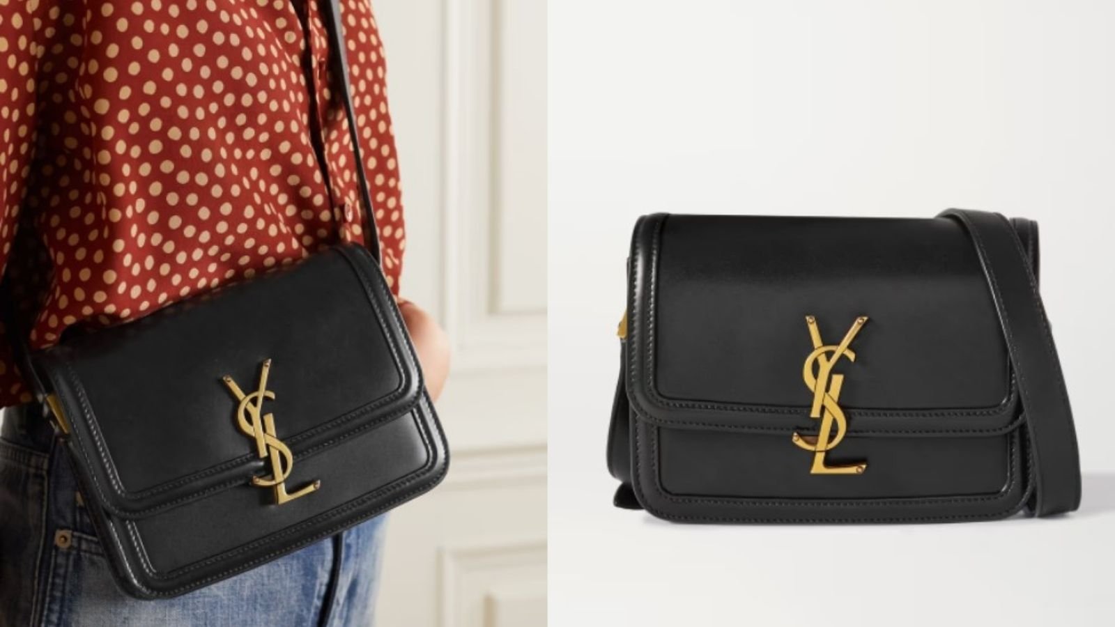 черная сумка с золотой застежкой YSL
