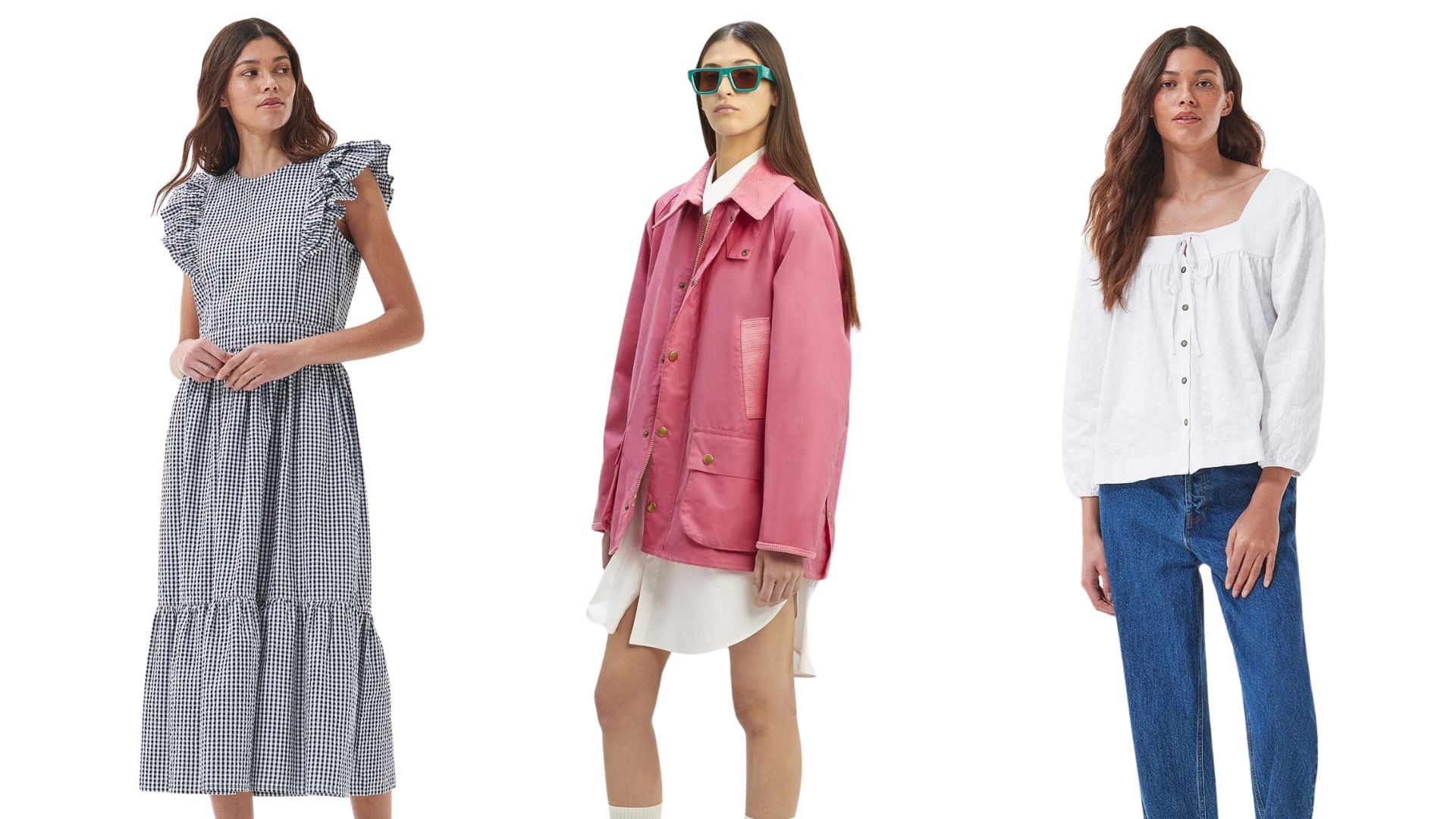 композиция из трех моделей, одетых в различные предметы одежды от barbour.