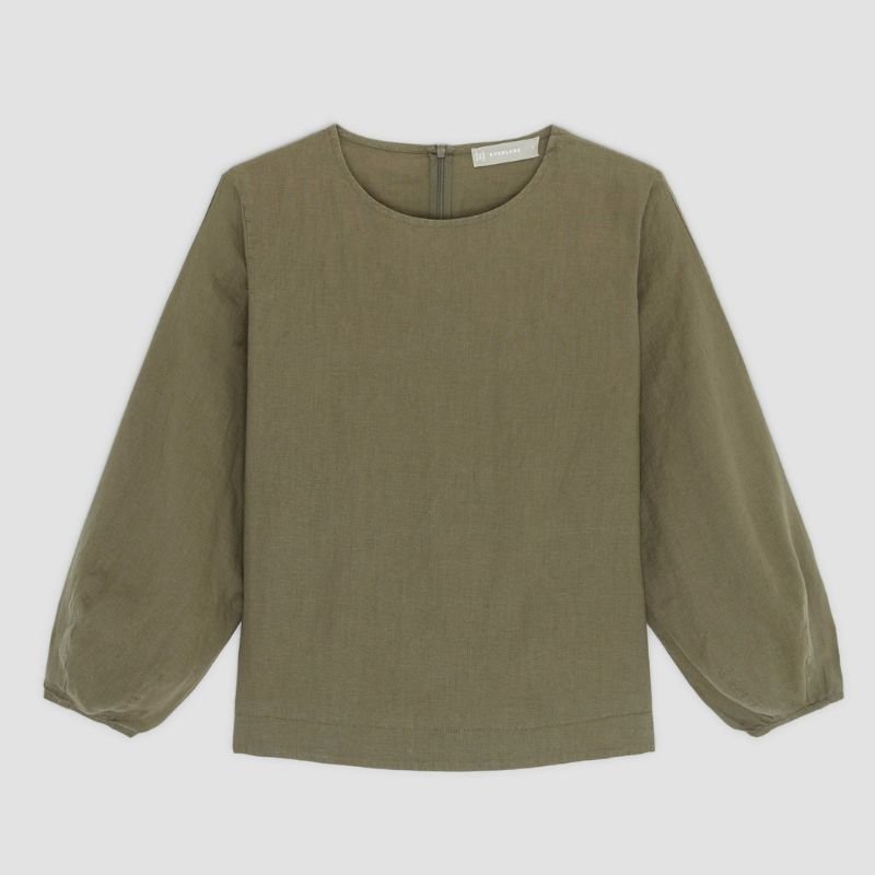 Зеленый льняной топ с длинными рукавами на плоской подошве everlane