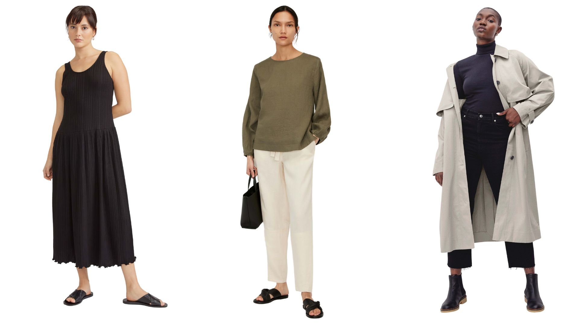 композиция из трех моделей, одетых в вещи от everlane