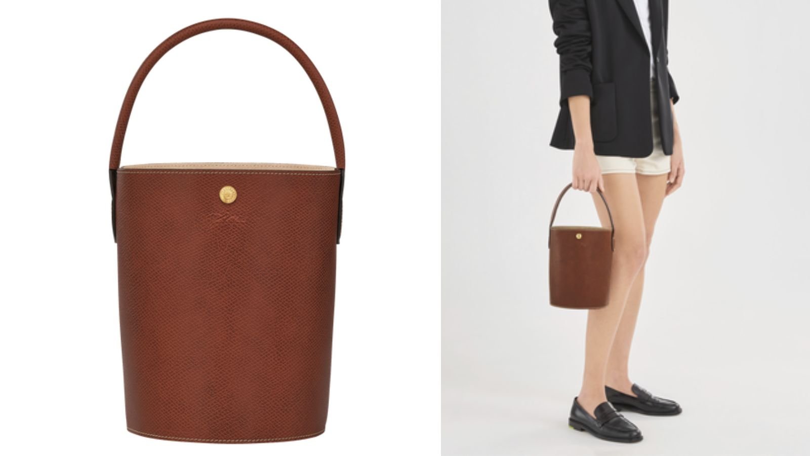 коричневая кожаная сумка-ведро Longchamp