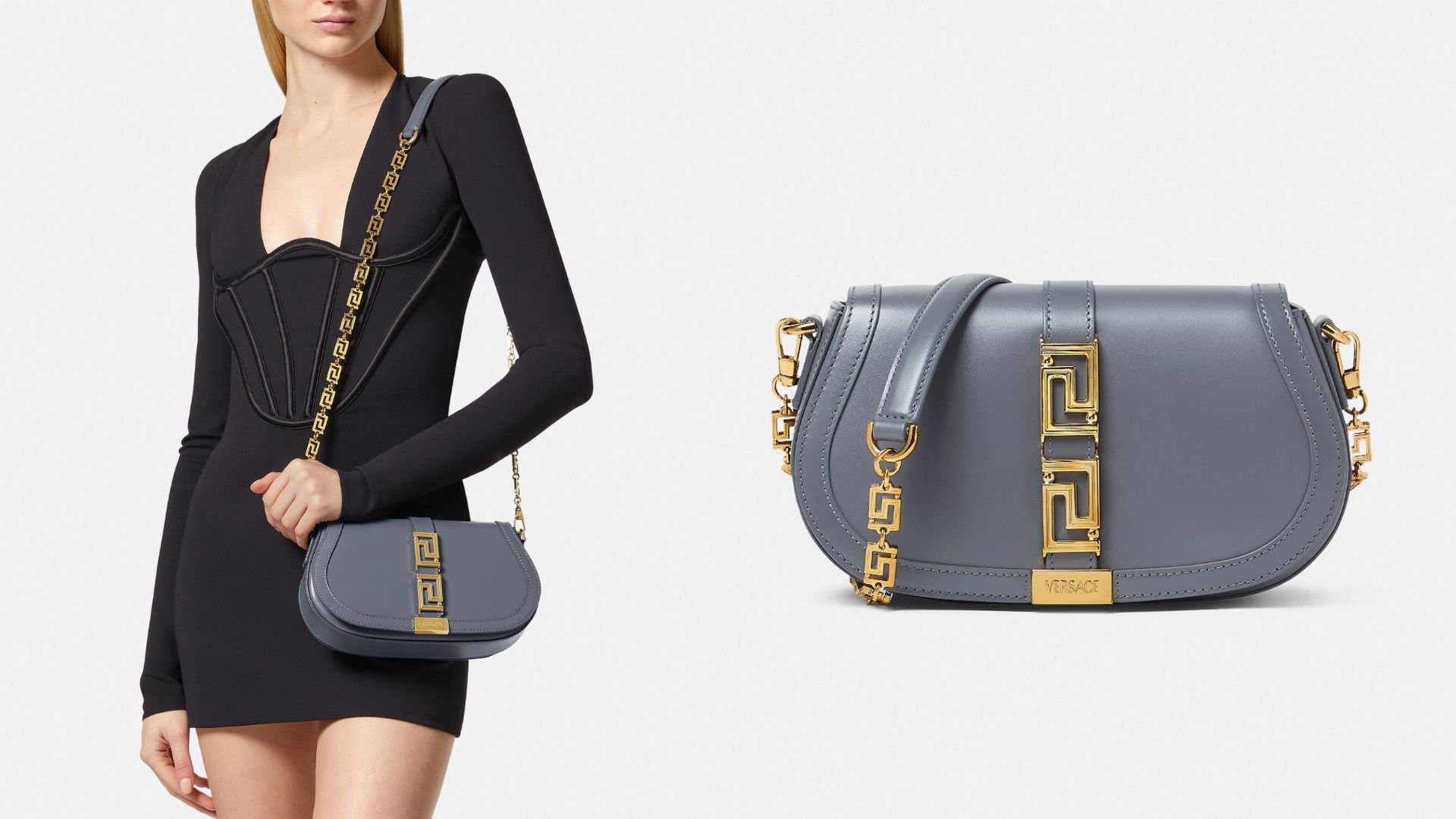 композитная сумка через плечо Versace Greca Goddess серого цвета