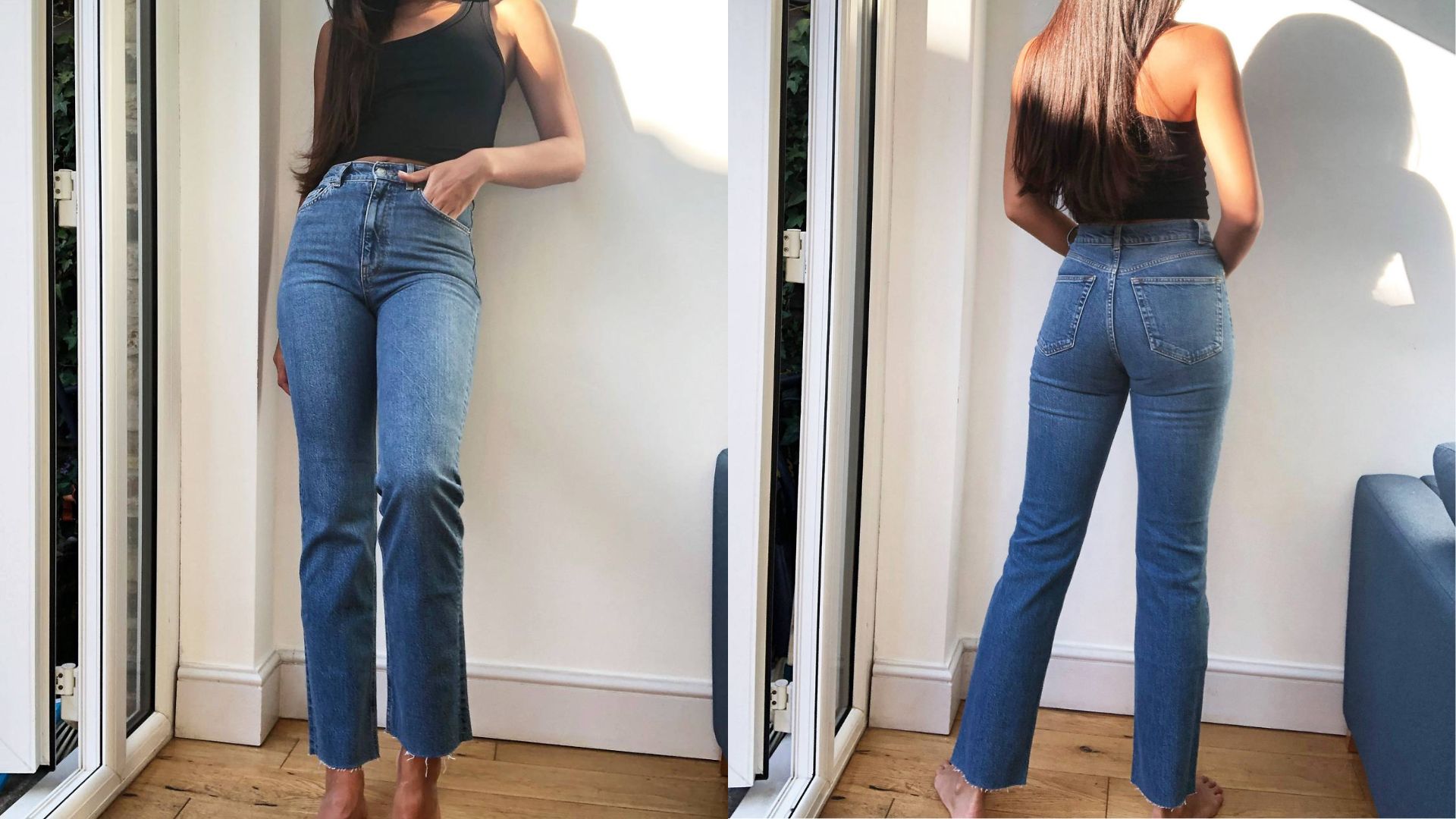 на модели в расклешенных джинсах ASOS DESIGN Tall High Rise Stretch Crop Kick Flare