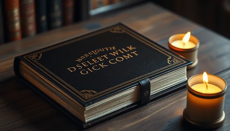 [Изображение: Роскошное подарочное издание книги в кожаном переплете с золотым тиснением, лежащее на деревянном столе рядом с горящей свечой]